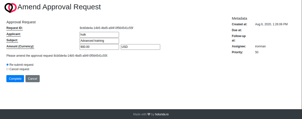 Example User Task Form Amend Request